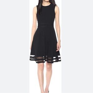 Calvin Klein Black mesh ribbon stripe fit flare classic cocktail dress